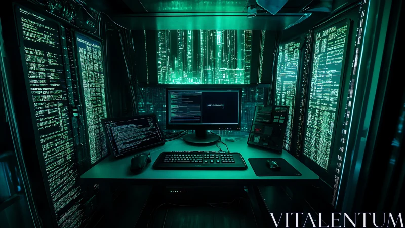 Cyber operations workstation in neon green data center glow.