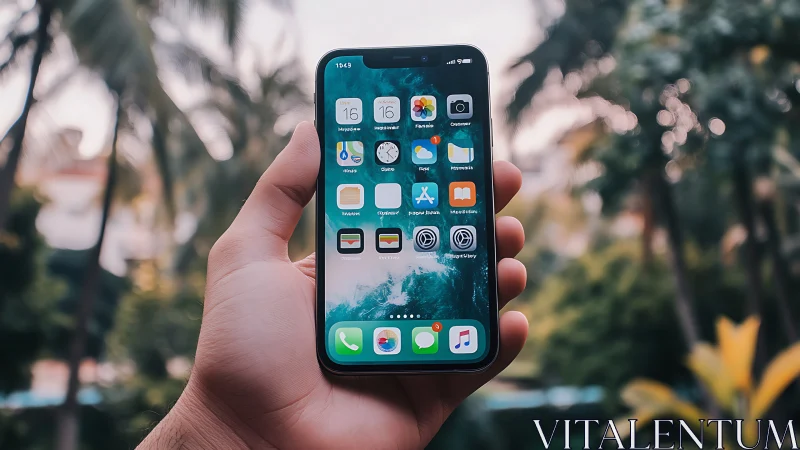 Someone holds a modern iPhone displaying a vibrant app home screen