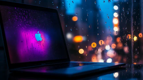 Neon city laptop dreaming against a rain kissed windowpane.