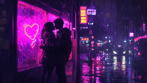 Neon city rain kiss under a glowing pink heart sign.