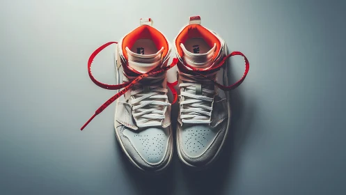 High-top white sneakers with vivid red laces float stylishly.
