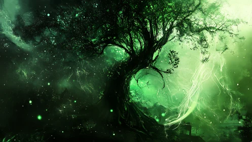 Green luminous tree silhouette in abstract night landscape.