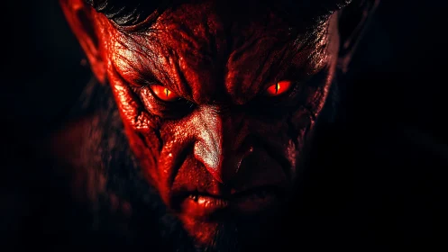 Infernal demon portrait with glowing red reptilian eyes.