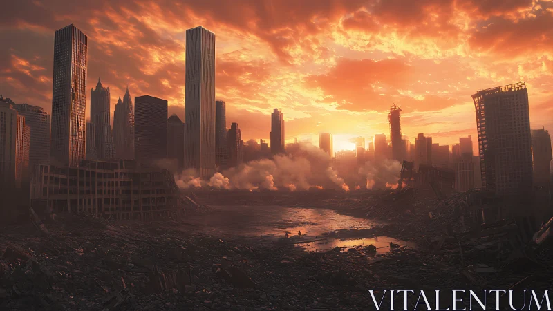 Post-impact megacity ruin under volumetric firelit sky.