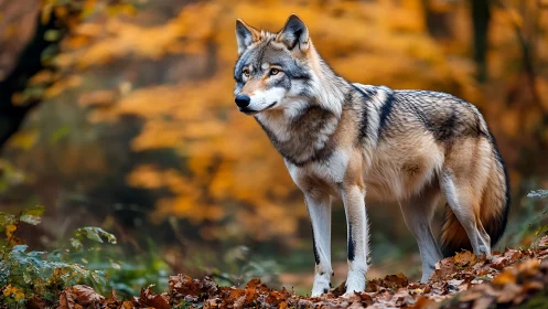 Autumn-hued wolf portrait in shallow depth-of-field woodland.