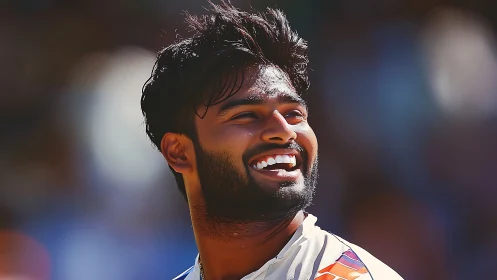 Cricketer in white uniform smiling under bright stadium light.