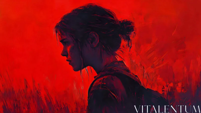 Girl in crimson stormlight walks the edge of memory.