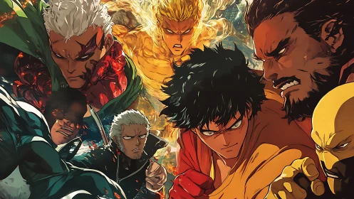 Group of stylized fighters confront each other in dynamic standoff