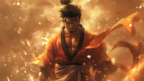 Male anime fighter in orange robe amid stylized flames.