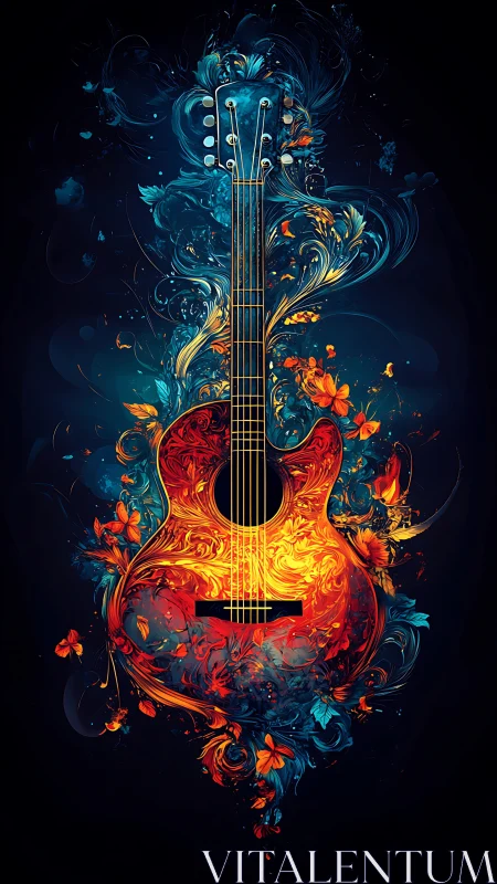 Fiery acoustic guitar blooms with swirling neon florals