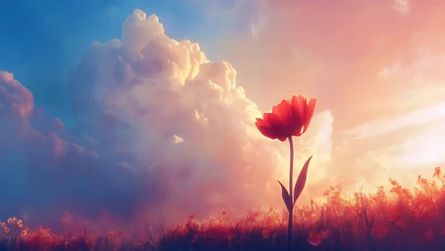 Solitary red tulip under glowing sunset cloudscape.