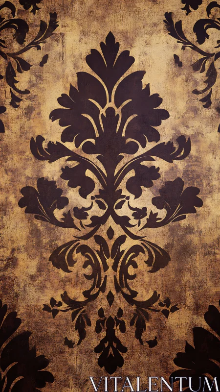 Vintage damask pattern on aged textured brown background.