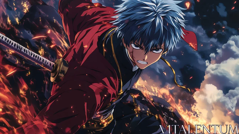Fiery anime swordsman surges forward through burning sky