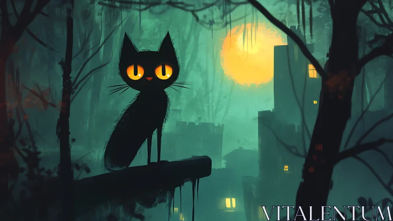 Moonlit black cat watches misty forest city skyline.