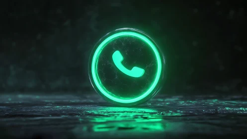 Glowing neon phone icon rests on a dark reflective floor.