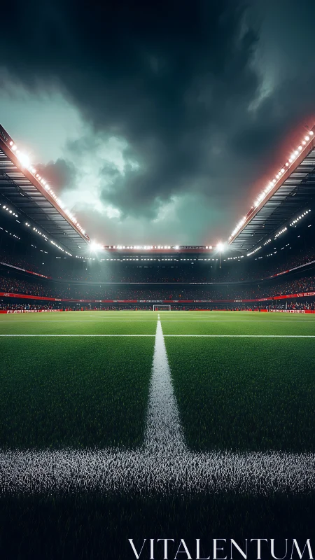 Floodlit football stadium frames dramatic stormy skyline