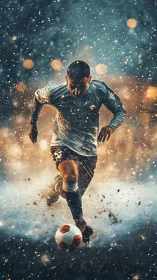 Soccer player running with ball on dynamic lit field.