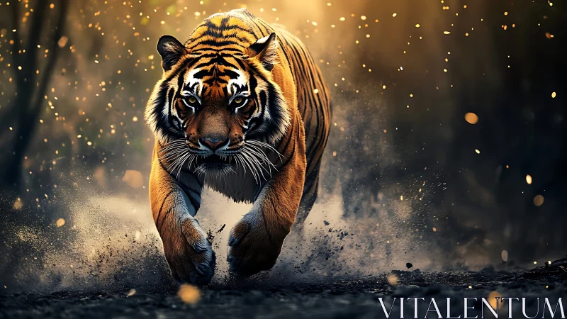 Charging tiger races through glowing forest dust and sparks