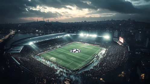 Floodlit football stadium under stormy dusk sky with dense crowd