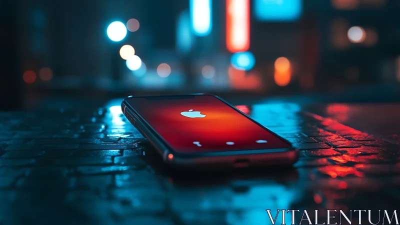 Neon night phone dreaming on rain-glossed city pavement.