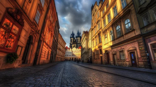 Narrow cobblestone street leads to distant cathedral towers