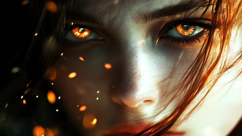 Close portrait shows female face with glowing orange eyes