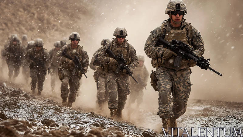 Infantry unit advancing through muddy, snow-dusted terrain.