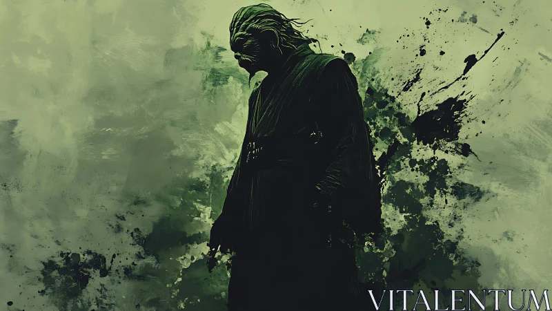 Emerald shadow warrior dissolves into storm-splattered dusk.