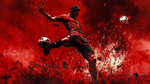 Digital soccer figure performs midair kick in red abstract field