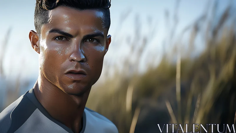 Sweat-sheened athlete portrait in shallow field focus study.