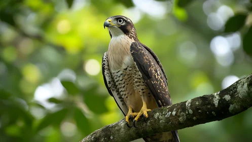 Peregrine falcon perched on branch in vibrant natural setting.