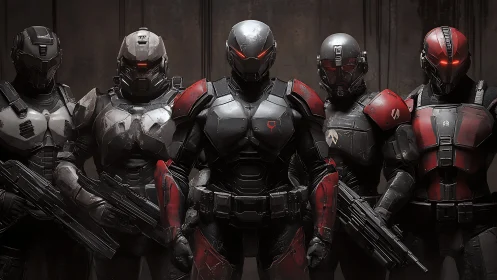 Cybernetic assault squad in armored combat formation frontally staged.