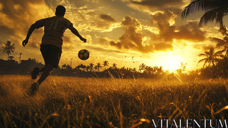 Sunset soccer joy on a glowing tropical village field.