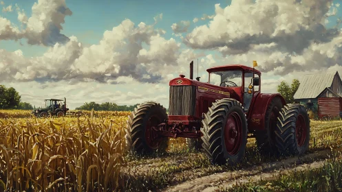Bold red tractor rests proudly in a golden summer field