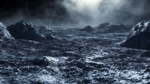 Frozen lunar plain under harsh silver backlight glow.