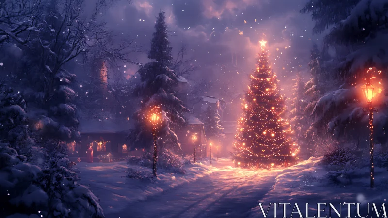 Snowy village Christmas tree under glowing winter night.