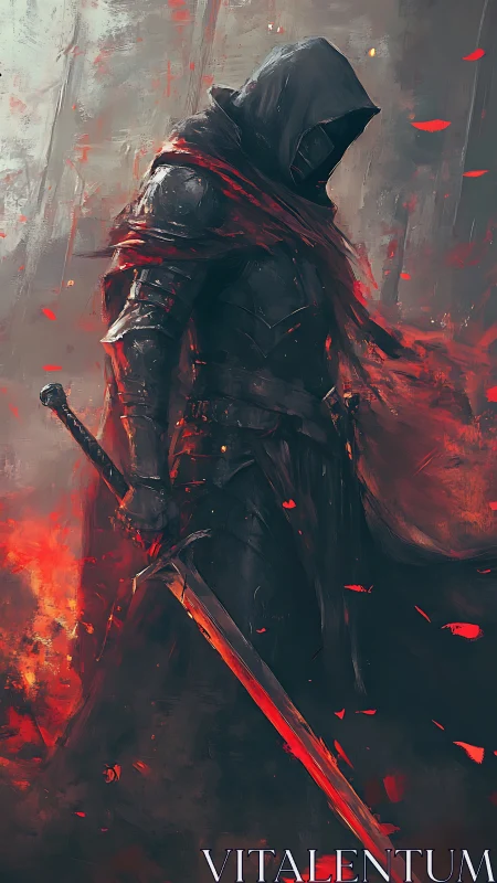 Hooded flamebound knight pauses within a storm of embers.