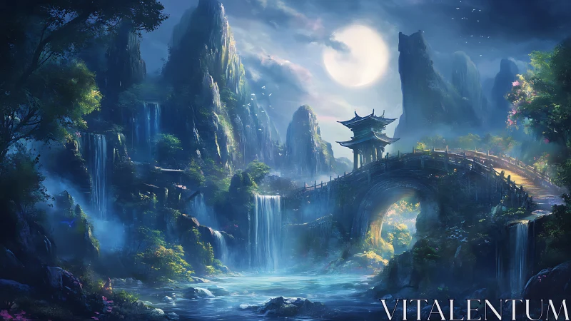 Moonlit pagoda bridge amid cascading misty waterfalls.