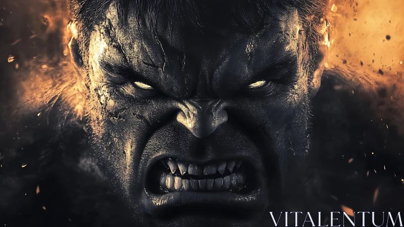 Raging muscular titan snarls amid blazing molten embers