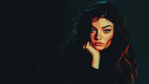 Moody digital portrait of pensive woman on dark ground.