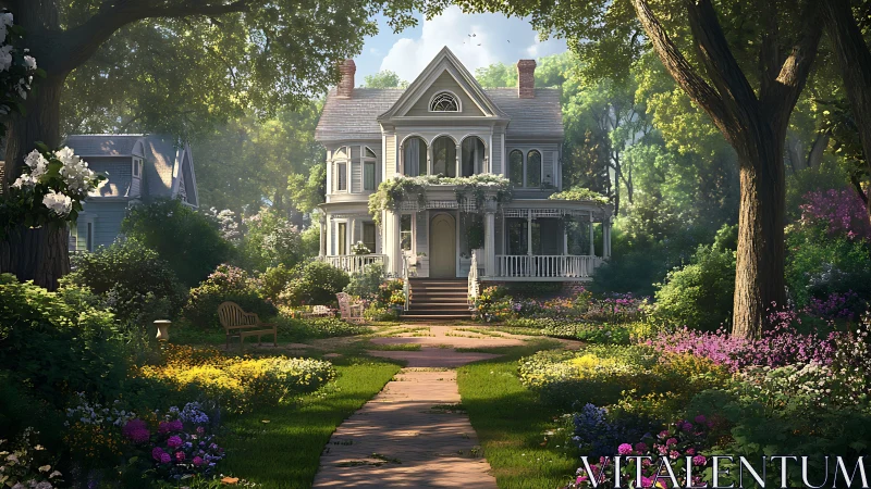 Victorian house stands in lush sunlit garden landscape