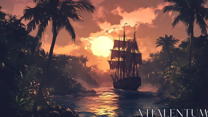 Sunlit tall ship sailing through tropical jungle inlet at dusk.