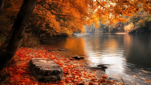 Amber leaves ignite a quiet riverside under autumn light.