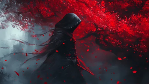 Hooded wanderer beneath a storm of crimson leaves.