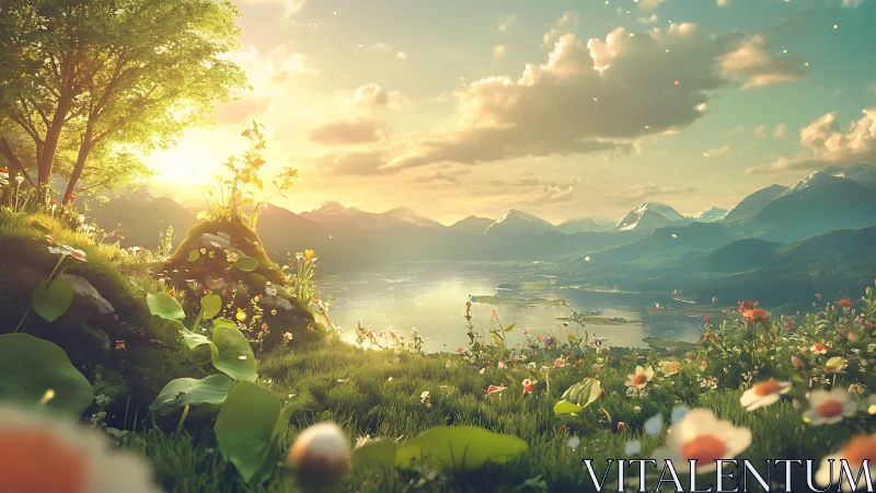 Sunlit meadow above calm lake and distant mountains.