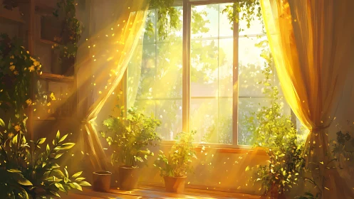 Sunlit window with indoor plants and golden curtains.