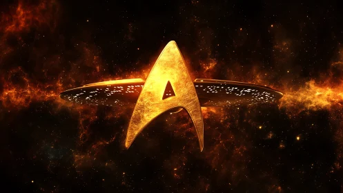 Golden starfleet-style insignia floats before fiery nebula