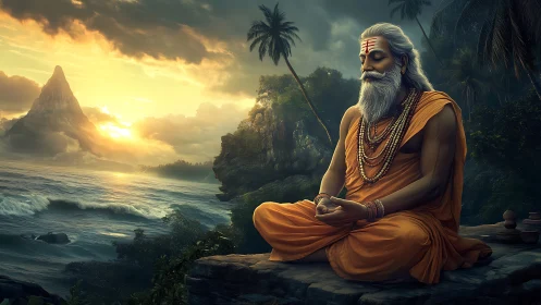 Serene sage meditating by ocean cliffs at sunrise.