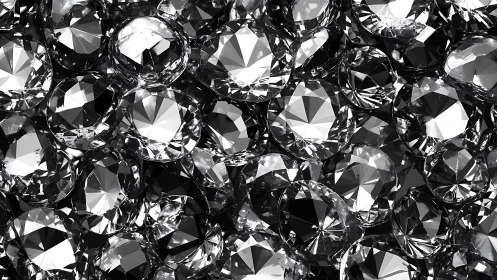 Gleaming cluster of cut diamonds in monochrome brilliance.