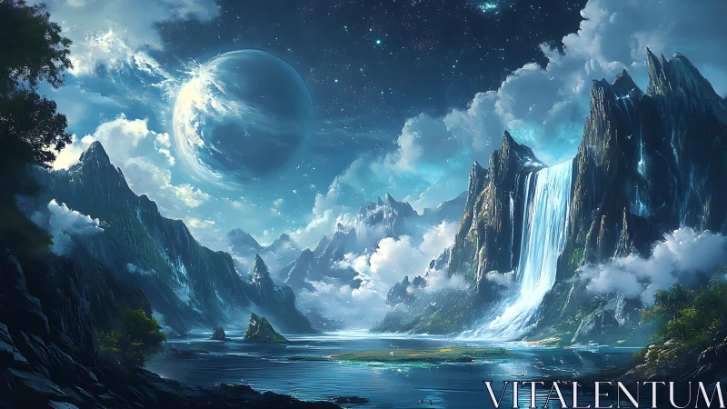 Exoplanetary ocean valley under twin cascades and starfield